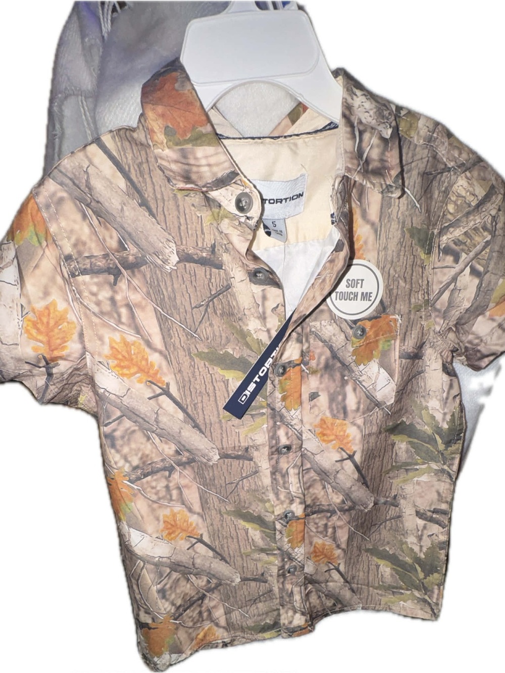 Distortion Short Sleeve Button-Up Shirt - Tan Brown Orange & Green Camo Leaves
